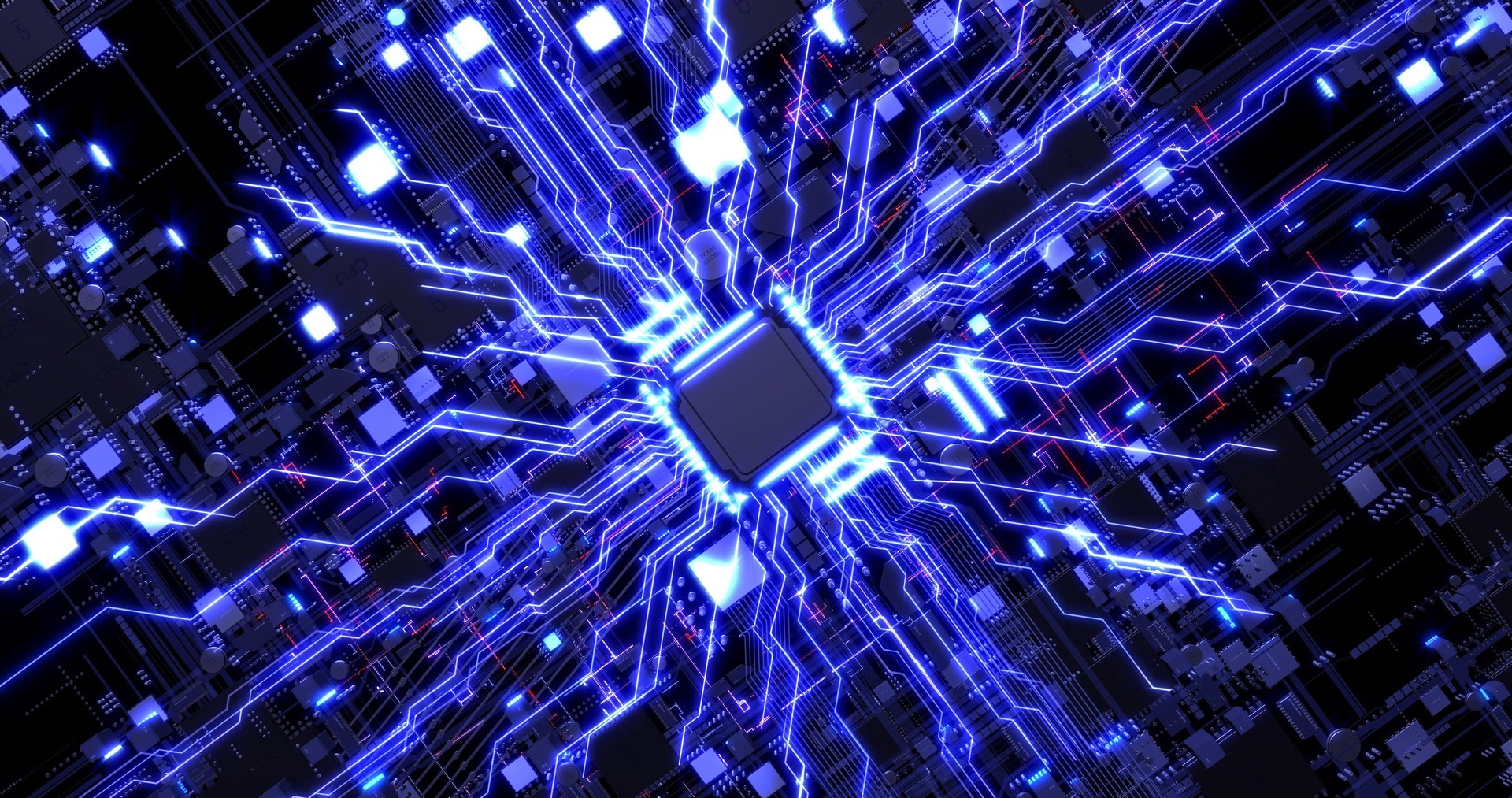 Circuit Board CPU Processor. Electrical Data And Signals Flowing.