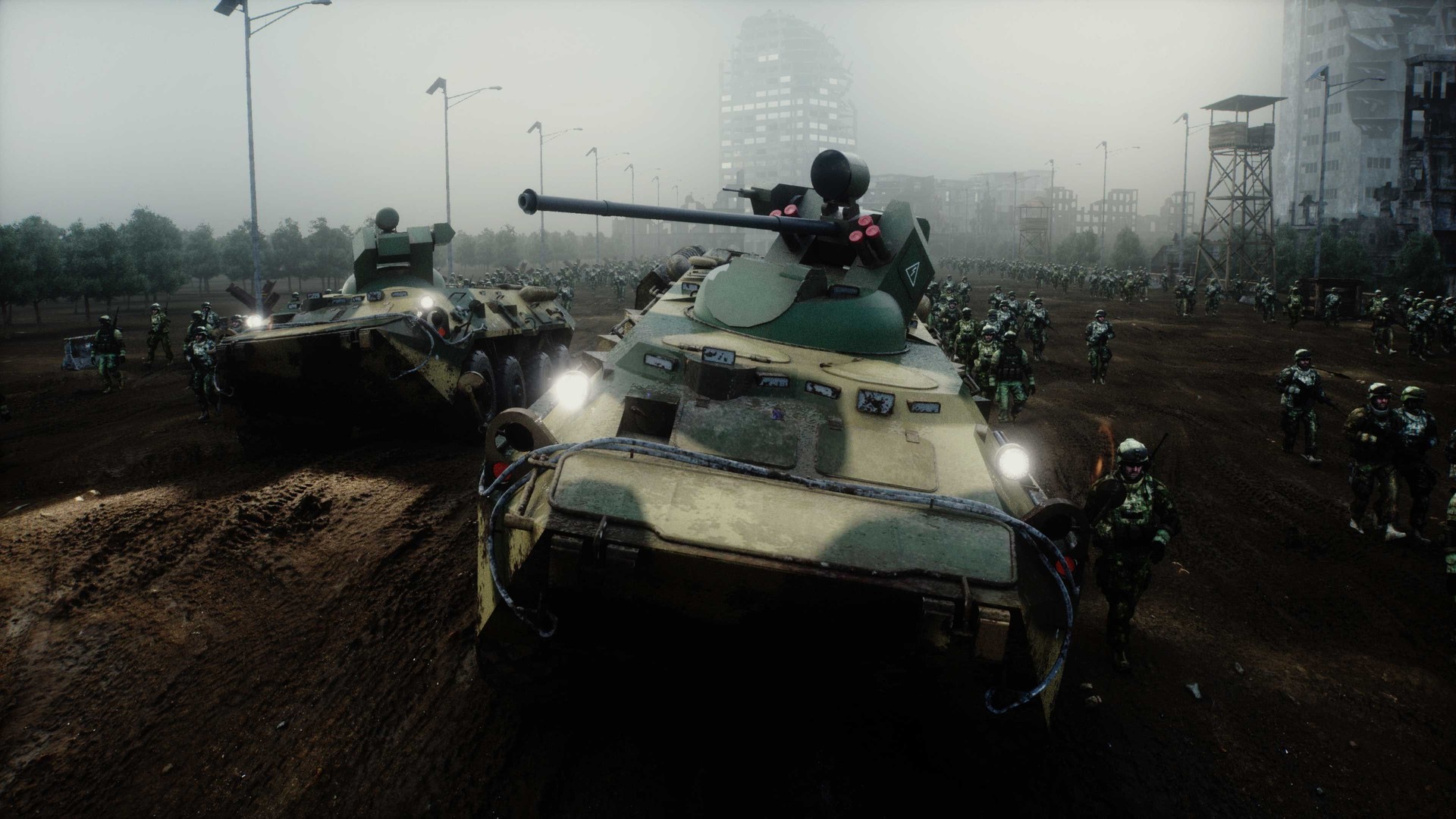 armored infantry vehicles with soldiers in in a ruined city. 3d rendering.