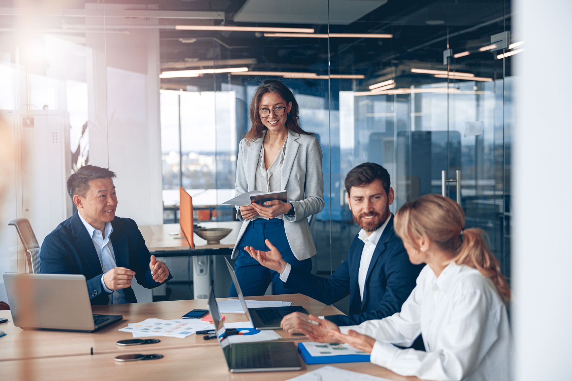 A group of business people partners during a set team meeting in the modern office